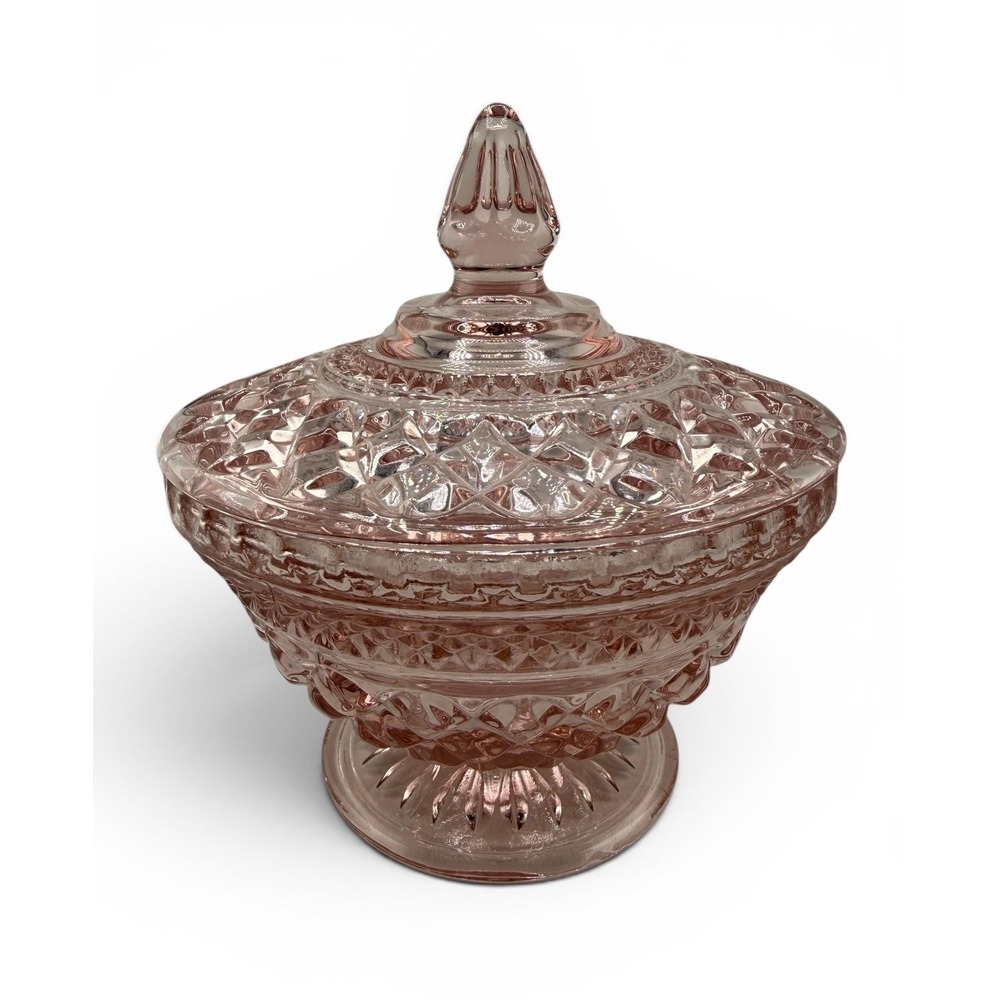 Vintage Anchor Hocking Pink Wexford Covered Lidded Candy Dish Pedestal Bowl